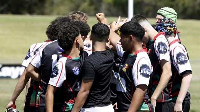 Mediterranean before their game. U16 Mediterranean Boys before their game. Harmony Nines Rugby League. Picture: John Appleyard