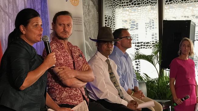 Solomon candidates. from left,  Kathy Ganley (CLP), Tim Parish (Greens), Raj Rajwin (United Party) and Luke Gosling (ALP), and moderator Katie Woolf at the meet the candidates event held at The Cavenagh Hotel.. Picture: Natasha Emeck