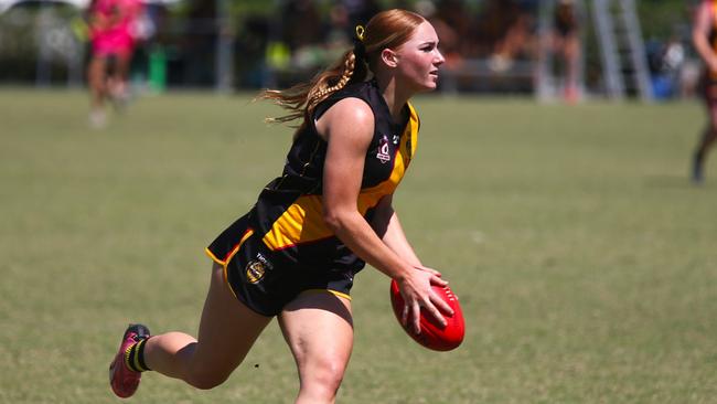 North Cairns Tigers midfielder, Lauren Davon in action against the Manunda Hawks at Watsons Oval earlier this season. Photo: Gyan-Reece Rocha