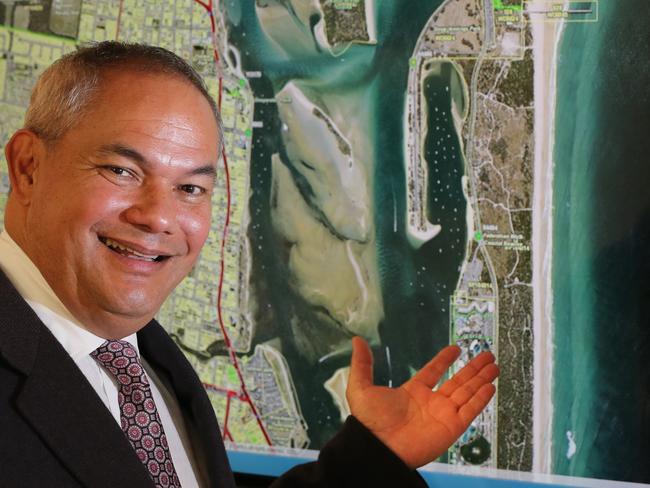 Gold Coast Mayor Tom Tate in his Evandale office with his plans for the Gold Coast central park on The Spit. Picture Glenn Hampson