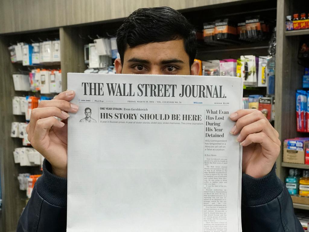 The Wall Street Journal showed a mostly blank front page to mark the one year anniversary of the imprisonment in Russia of their reporter Evan Gershkovich. Picture: Timothy A Clary/ AFP