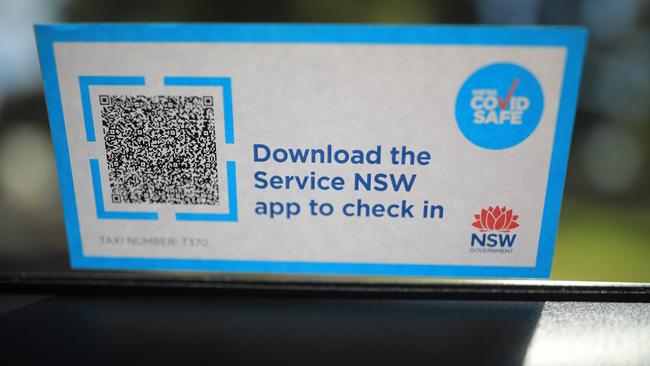 A Sydney taxi displays the Service NSW QR code which has been in operation for more than two months. Picture: NCA NewsWire / Christian Gilles