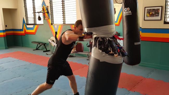 Jeff Horn burst a boxing bag at training.