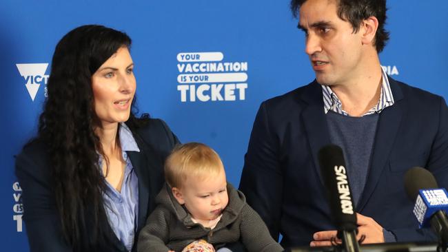 South African doctors Charlotte and Marcelle Jagga appeared at Tuesday’s coronavirus presser in Melbourne with their baby Revel. Picture: NCA NewsWire / David Crosling