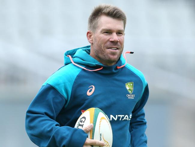 MANCHESTER, ENGLAND - JULY 16: David Warner of Australia warms up during Australia's Nets and training session at Emirates Old Trafford on July 16, 2023 in Manchester, England. (Photo by Ashley Allen/Getty Images)