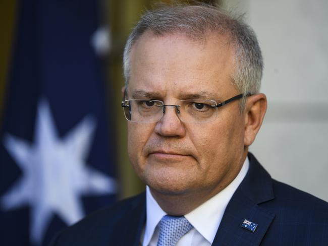 Australian Prime Minister Scott Morrison speaks to the media during a press conference at Parliament House in Canberra, Thursday, May 14, 2020. (AAP Image/Lukas Coch) NO ARCHIVING