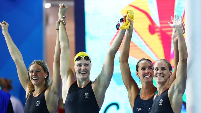 Australia’s 4x100m freestyle relay team — from left, Shayna Jack, Cate Campbell, Emma McKeon, Bronte Campbell — celebrates its victory last night. Picture: Getty Images