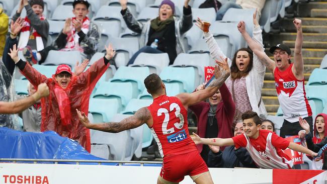 Lance Franklin whips the ANZ crowd into a frenzy after restoring his side’s four-goal lead in the final term. Picture: Phil Hillyard