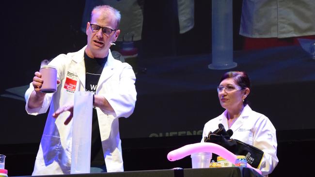 Minister Leeanne Enoch and Dr Rob Bell onstage at the World Science Festival in Gladstone.