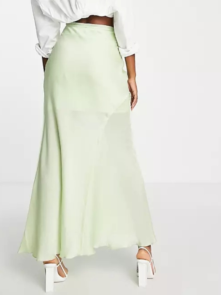 ASOS DESIGN raw edge bias maxi skirt in sage green, $72 at ASOS