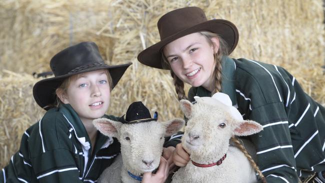 Caley Hood and Tess Runting from Woodleigh School with Tomy &amp; Timmy lambs at the Royal Melbourne Show.