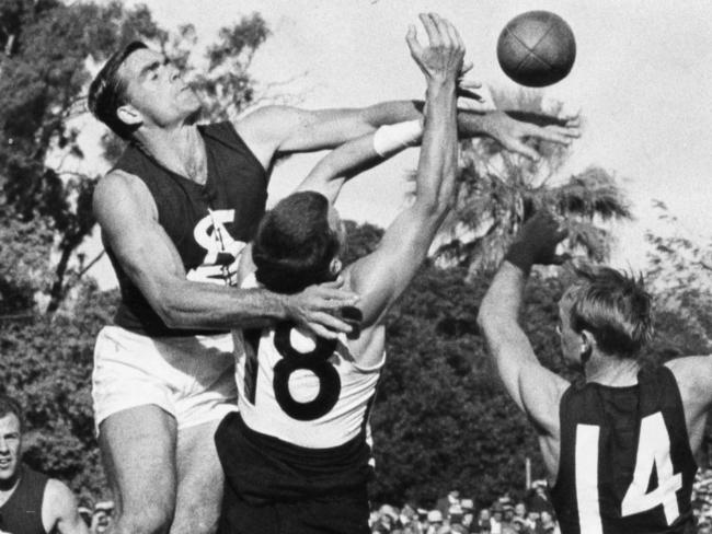 Footballer Neil Kerley, left, spoils Eric Freeman's in 1965.