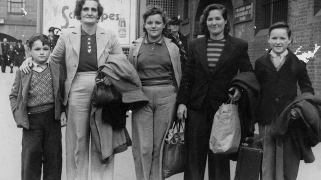 Darwin evacuees outside Sydney's Central Station after buying winter clothing, 1942 - Lou Stewart second from left with her children Peter (left) and Kath (centre) and sister Dorothy Williams with her son Norman. . stewart10 Picture: SUPPLIED