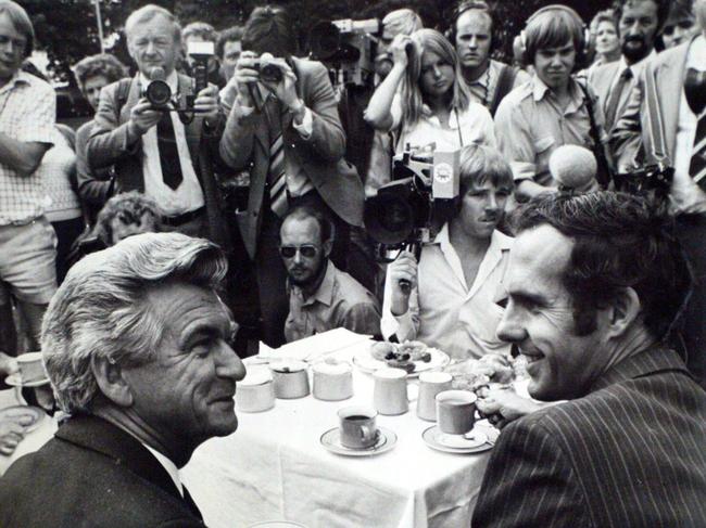 Soon-to-be Australian Prime Minister Bob Hawke (left) with Bob Brown at a Mad Hatter's tea party in Hobart during the Franklin Dam protest in 1983. Picture: Supplied