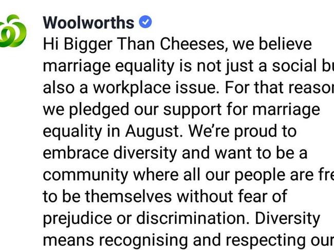 wOOLIES HAS DISTANCED ITSELF FROM cORBETT'S VIEWS ON ssm