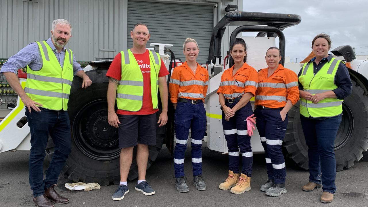 (From left to right) Queensland Labor Senator Anthony Chisholm, Labor Dawson candidate Shane Hamilton, Aimee Sheppard, Jaydene Callaway and Karra Meads and opposition resources minister Madeleine King at Mackay's Resources Centre of Excellence on May 9. Picture: Duncan Evans