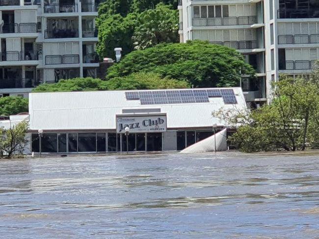 The Brisbane Jazz club underwater as the Brisbane River peaks in the floods on February 28. Picture: VMR 447 – Redland Bay/Facebook