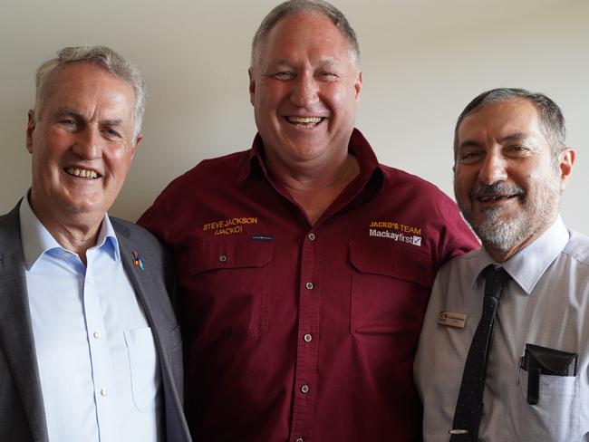 Mayoral candidates for the 2024 Mackay Regional Council (from left): incumbent mayor Greg Williamson, Steve Jackson, and incumbent councillor Laurence Bonaventura, at the Mackay Chamber of Commerce annual mayor's debate. Picture: Heidi Petith