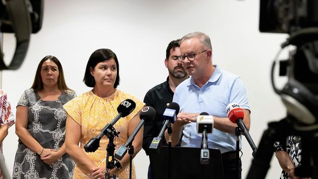 Prime Minister Anthony Albanese addresses the media in Alice Springs after meeting with local leaders. Picture: NCA NewsWire / Sabine Haider