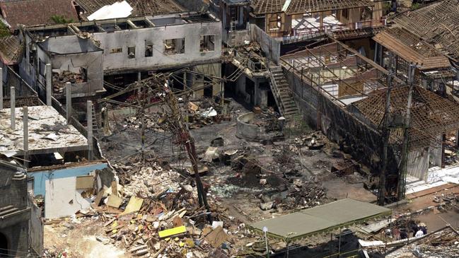 The ruins of the Sari night club and surrounding buildings are seen Oct. 15, 2002 in Kuta, Bali.  Two explosions here killed over 180 people and left hundreds injured.  PicLyndon/Mechielsen - aerials   crime o/seas 12 Oct terrorism bombings, explosions  Paddy's Pub car bomb scene wreckage Indonesia