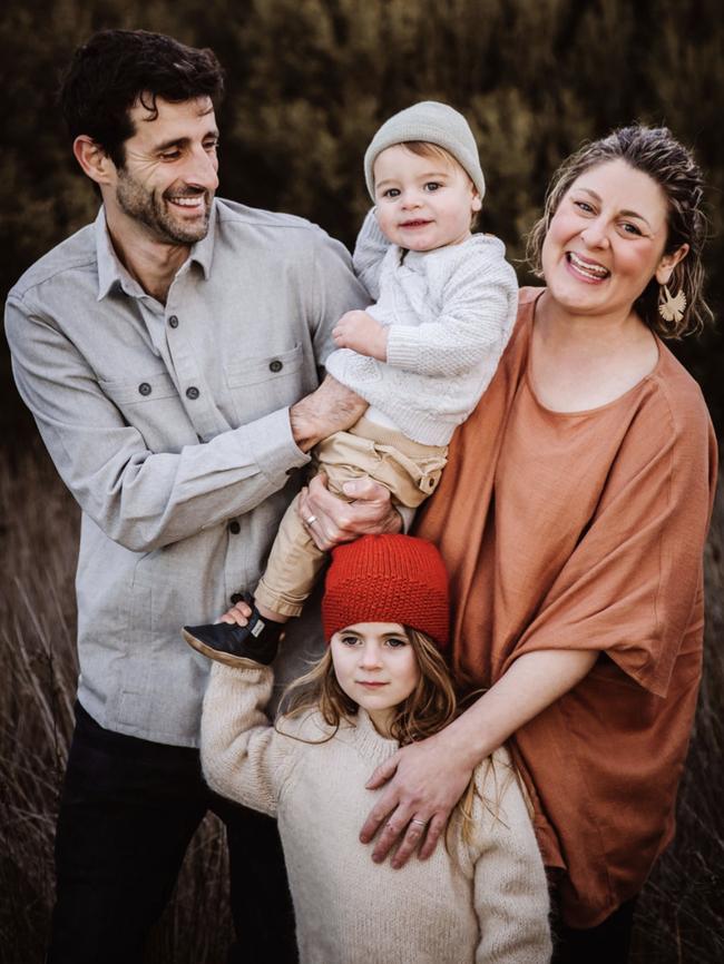 Sam Matthews with his wife Erin and their two young kids Audrey and Frank. Picture: Supplied by the family