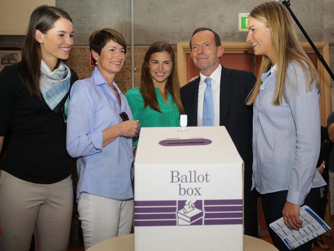 Tony Abbott with his wife Margi and daughters Louise, Bridget and Frances voting at the 2013 federal election.