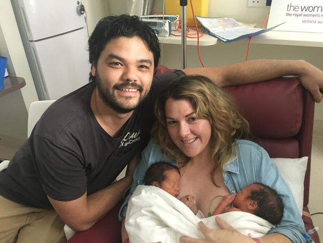 Parents Courtney and Jake Jauhari with their twin boys, Colbhi and Wilbur. Picture: Supplied