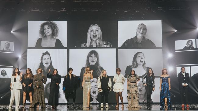 Performers in the Helen Reddy ‘I Am Woman’ tribute at the 2020 ARIA Awards. L-R: The McClymonts, Kate Ceberano, Montaigne, Delta Goodrem, Tones and I, Marcia Hines, Jessica Mauboy, Amy Shark, Emma Watkins and Christine Anu. Picture: supplied