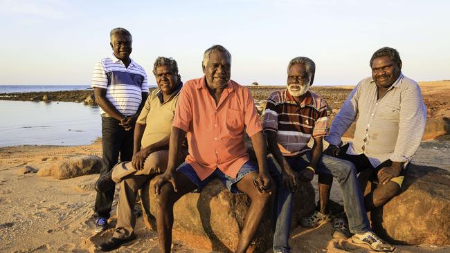 Djawa Yunupingu, Djambawa Marawili, Galarrwuy Yunupingu, Barayuwa Mununggurr and Wukun Wanambi at Yirrkala. Picture: Amos Aikman