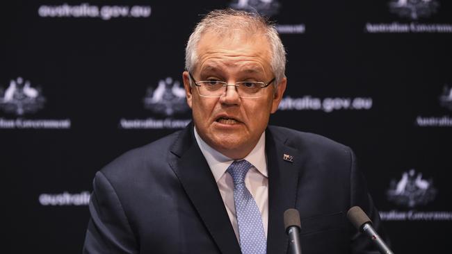 Prime Minister Scott Morrison speaks to the media following a meeting of the National Cabinet. Picture: AAP