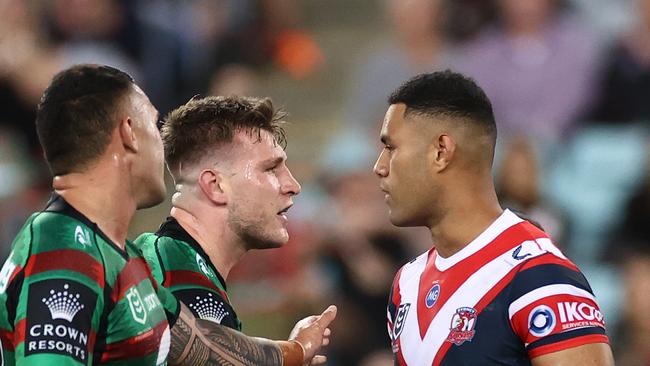 SYDNEY, AUSTRALIA - MARCH 26:  Daniel Suluka-Fifita of the Roosters has words with Jai Arrow of the Rabbitohs after being sent to the sin-bin during the round three NRL match between the South Sydney Rabbitohs and the Sydney Roosters at Stadium Australia on March 26, 2021, in Sydney, Australia. (Photo by Cameron Spencer/Getty Images)