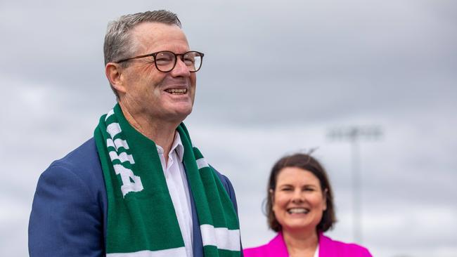 Chair of the Tasmania Football Club, Grant O’Brien and Kingborough Mayor Paula Wriedt at the Twin Ovals in Kingston announcing that the Devils’ AFL high performance centre will be built at Kingston. Picture: Linda Higginson