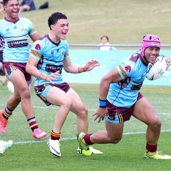 Jubilation as No.3 Joseph Tupuse scores a try (pink headgear) in the 2024 semi-finals. Photo: Steve Pohlner