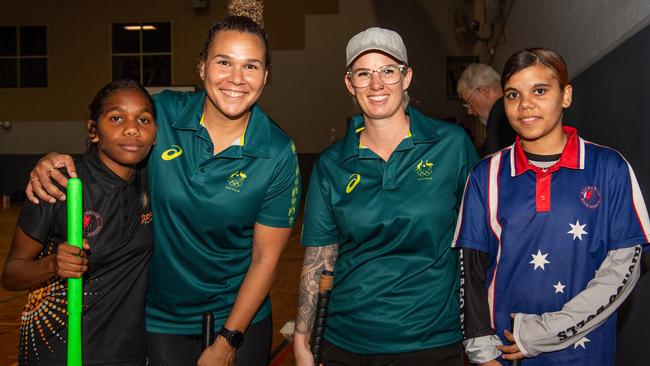 Breanne Hagar Andrews, Libby Cook-Black, Shana-Ann Casimiro and Akia-Marie Lake as Olympians and scholarship coaches run training sessions for Katherine youth at RAAF Base Tindal. Picture: Pema Tamang Pakhrin