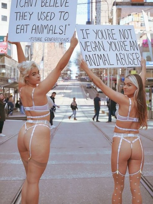 Vegan activist Tash Peterson with friend during a lingerie protest. Picture: Instagram