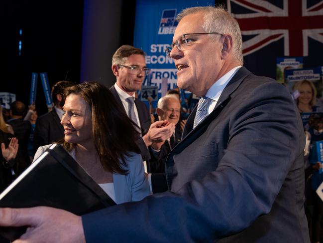 Scott Morrison with his wife Jenny Morrison at a Liberal Campaign Rally in Sydney. Picture: Jason Edwards