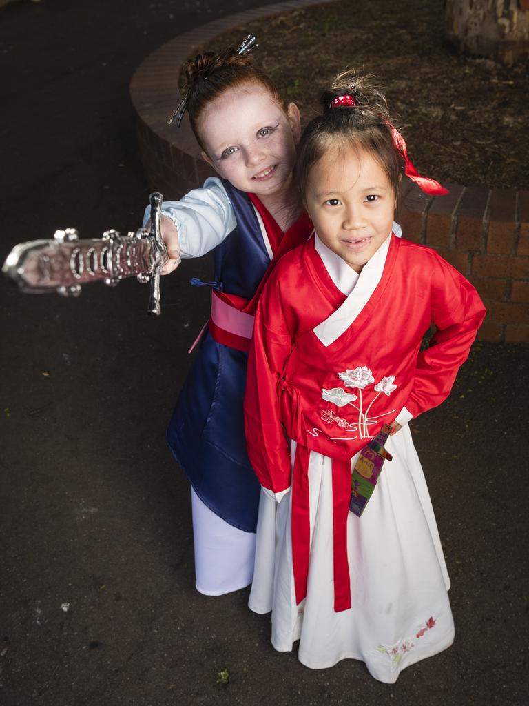 Amie Sheather (left) and Chenxi Ye as Mulan for Book Week at Rangeville State School, Friday, August 25, 2023. Picture: Kevin Farmer