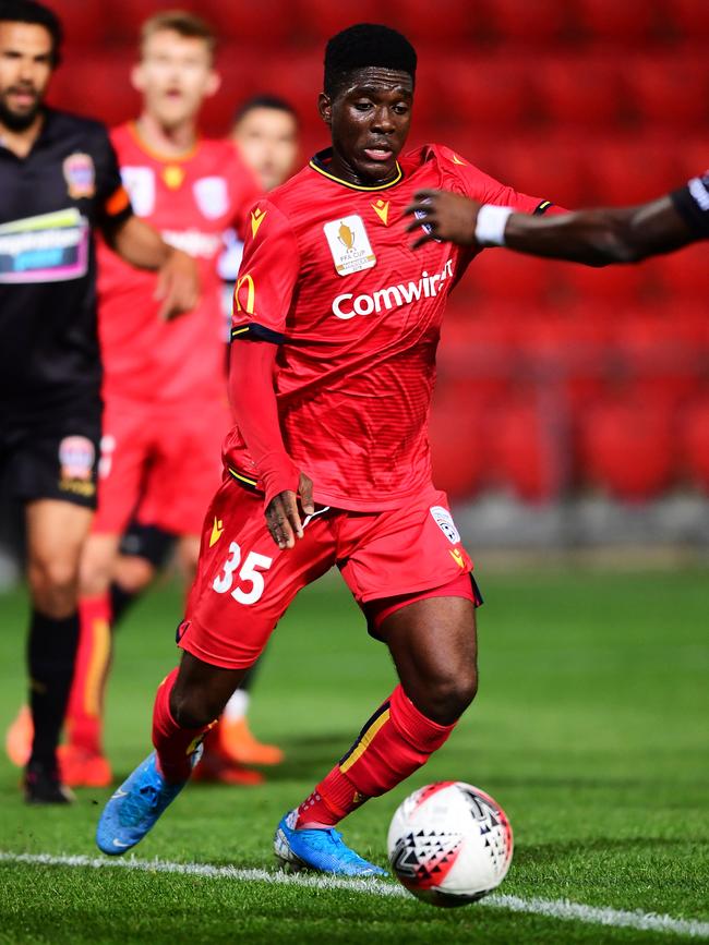 ADELAIDE, AUSTRALIA - SEPTEMBER 17:Al Hassan Toure of Adelaide United   during the FFA Cup 2019 Quarter Finals match between Adelaide United and the Newcastle Jets at Coopers Stadium on September 17, 2019 in Adelaide, Australia. (Photo by Mark Brake/Getty Images)