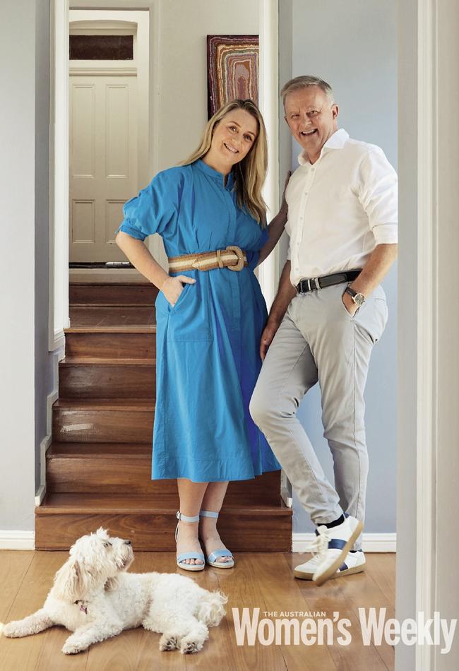 Anthony Albanese and partner Jodie Haydon at home in a spread for The Australian Women's Weekly. Picture: Alana Landsberry/Are Media