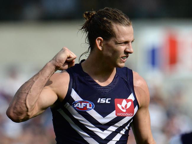 SPORT - AFL, Fremantle Dockers vs Carlton Blues, Subiaco Oval, Perth. Photo by Daniel Wilkins. PICTURED- Fremantle's Nathan Fyfe celebrates a goal in the second term