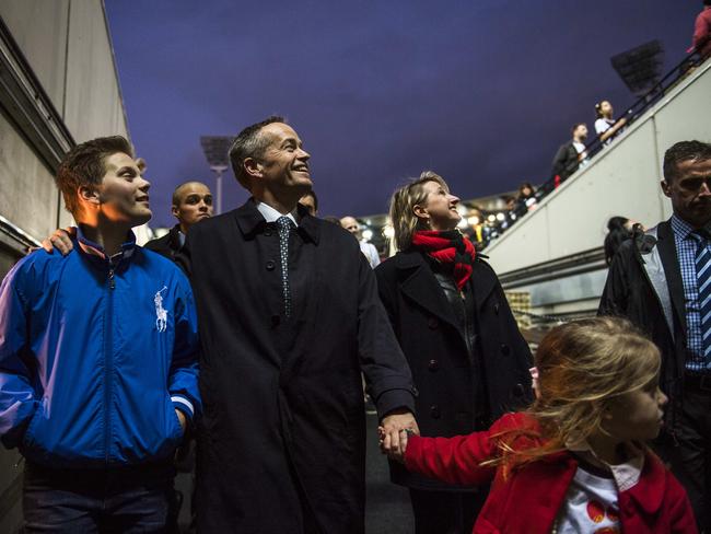 Mr Shorten, with stepson Rupert and daughter Clementine, during the Long Walk from Federation Square to the MCG. Picture: Jason Edwards