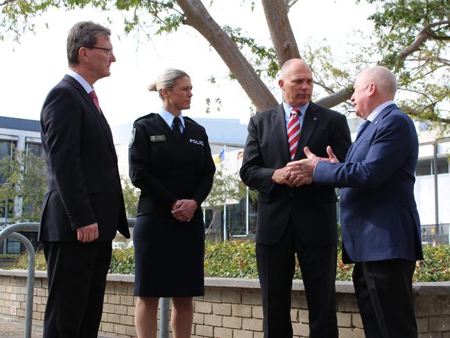 ACT Attorney-General Gordon Ramsay, Deputy Chief Police Officer of Crime Krissy Barrett, Detective Superintendent Scott Moller and Police Minister Mick Gentleman.