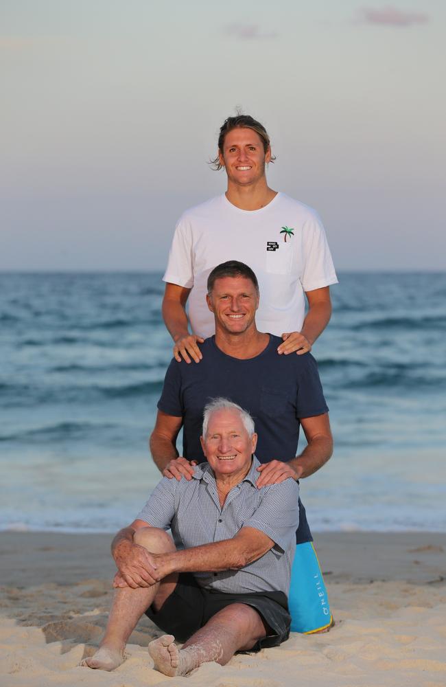 TJ, Trevor and Ron Hendy on Surfers Paradise beach. Photo: Glenn hampson