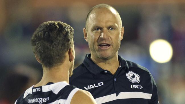 Port Adelaide development coach Chad Cornes talks to forward Kane Farrell during an SANFL match last season. Picture: Dean Martin