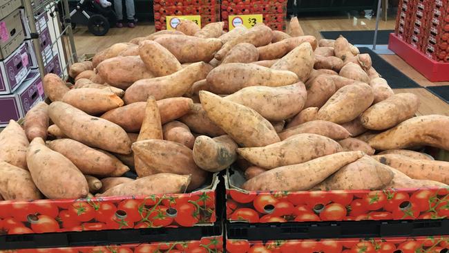 In Coles, Woolies and the greengrocer, most produce was loose — like these sweet potatoes.