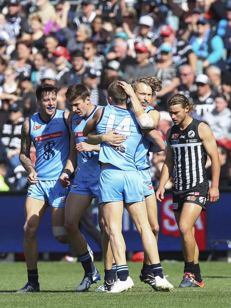 Sturt celebrate a goal from Thomas Harms. Picture Sarah Reed