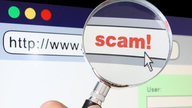 A hand holds a magnifying glass over the location bar of a browser, revealing the URL is a "scam".