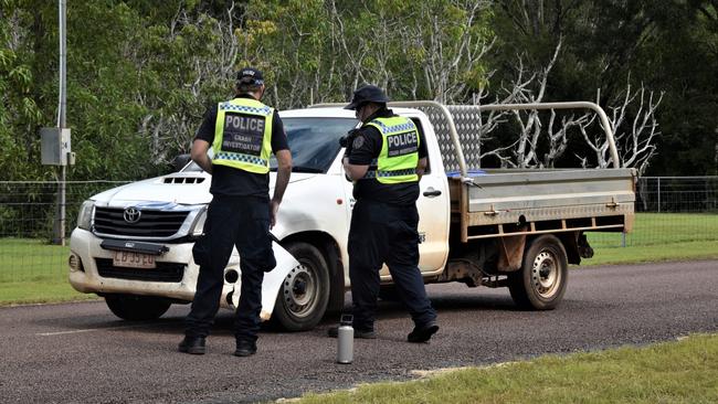 NT Police Major Crash Investigation Unit investigates a pedestrian crash in Bees Creek. A woman was critically injured and a man suffered minor injuries. Their two dogs were killed in the crash. Picture: Sierra Haigh