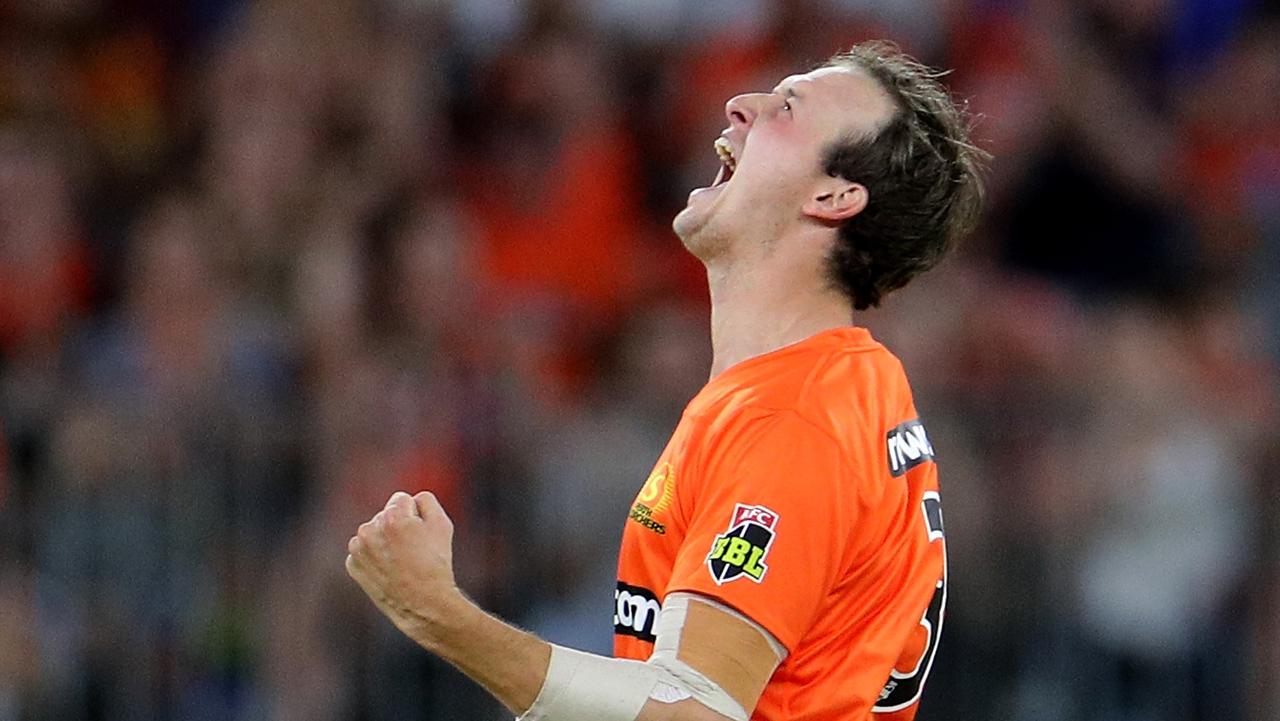 Joel Paris celebrates a wicket in Perth Scorchers’ victory over Brisbane Heat.