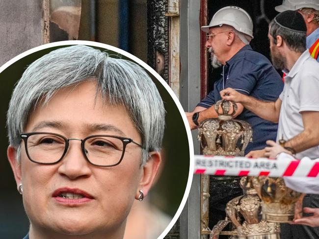 Penny Wong (inset) and the aftermath of the Synagogue attack in Melbourne.